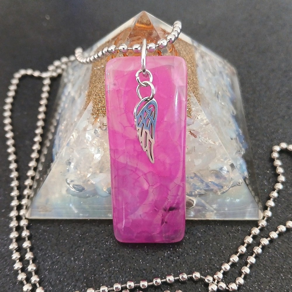 Pink Dragon Vein Agate Bar Angel Wing Pendant On Silver Necklace New Handmade